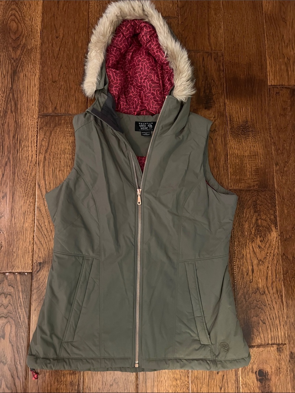 Mountain Hardwear Olive Green Hooded Vest with Pink Lining